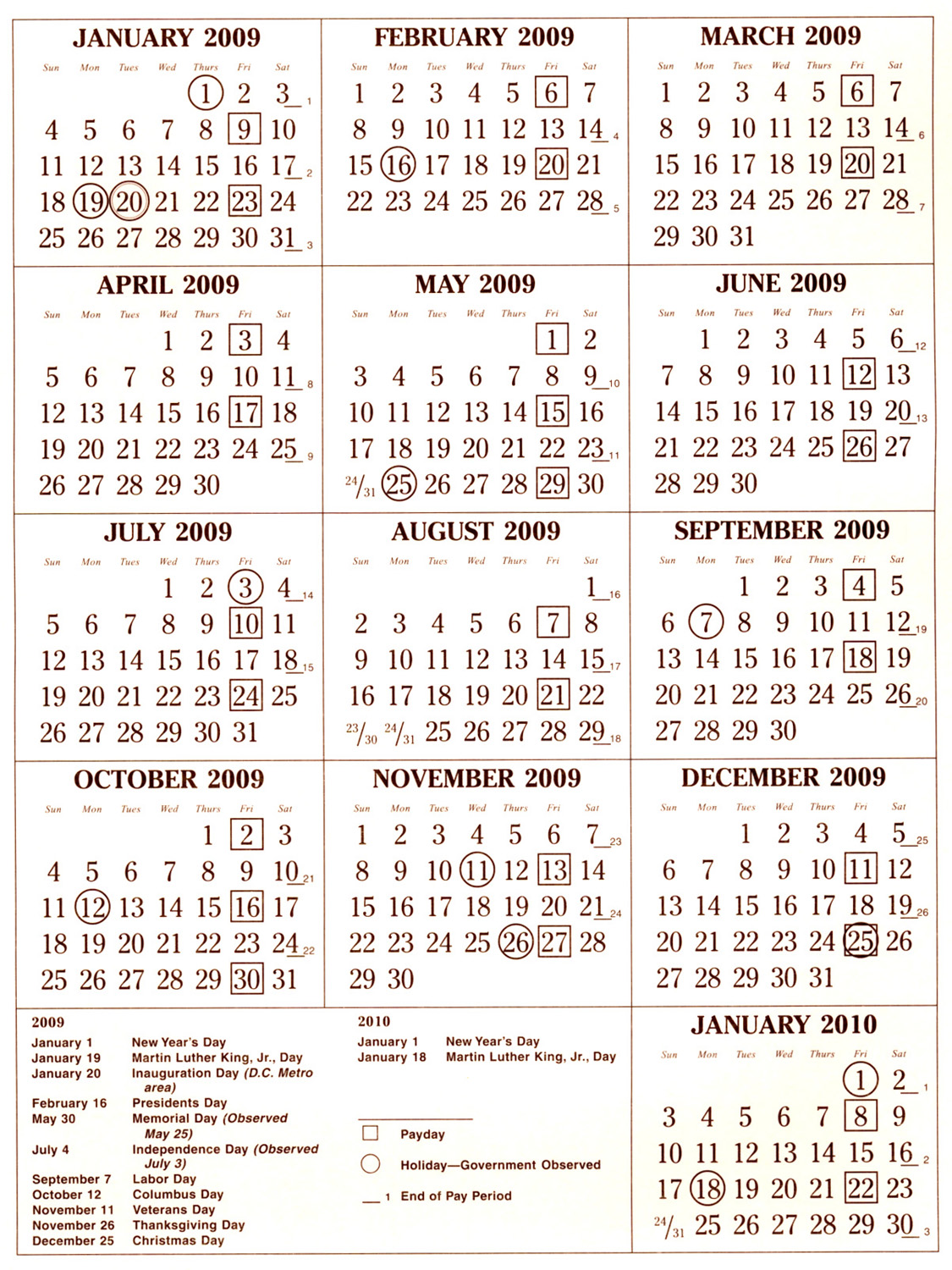 2009 Employee Calendar Template