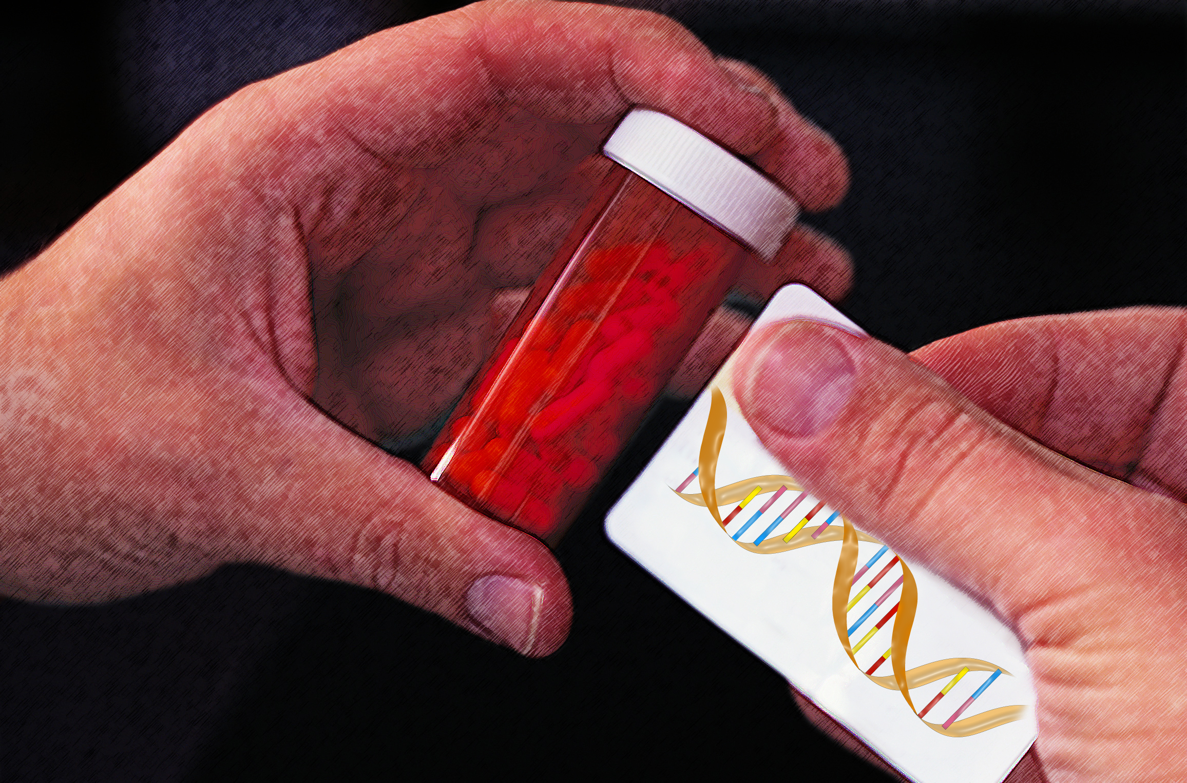 Close-up of a label with an image of DNA being applied to a bottle of pills.
