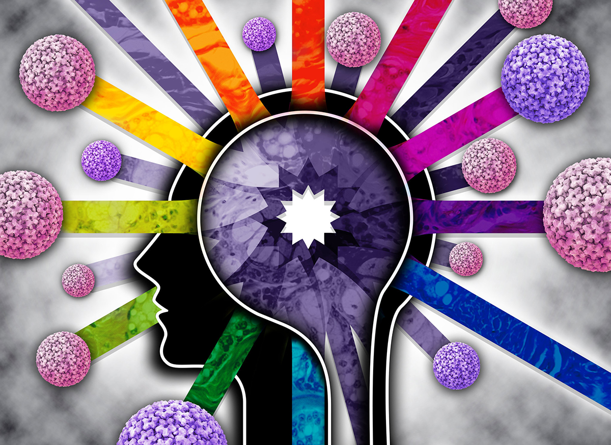 Illustration of a human head and neck, with a rainbow of colored sticks emanating from a star image in the center of the head and radiating out to various pink- and purple-colored globes depicting viruses associated with head and neck cancers.