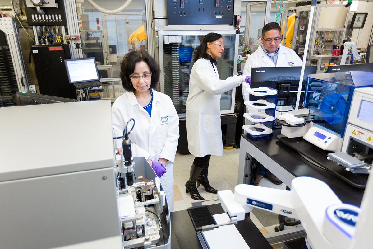 Members of a team work together in a lab to prepare drug combinations for automated screens to discover new therapies.
