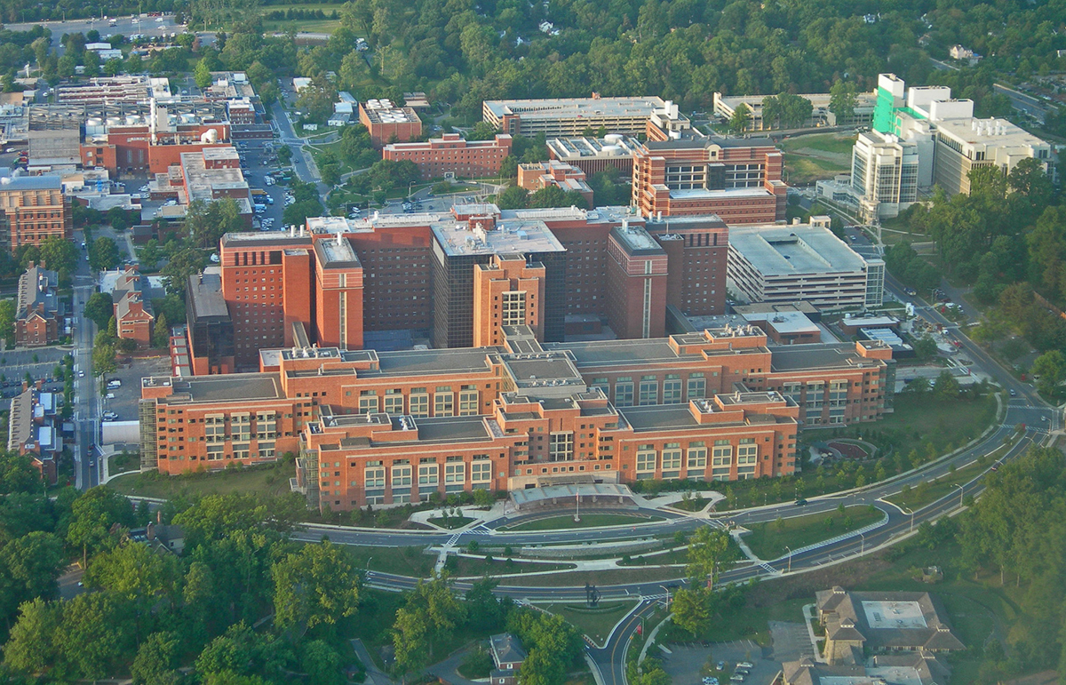 Aerial photo of the NIH Clinical Center building, where the Ommaya Reservoir was developed.