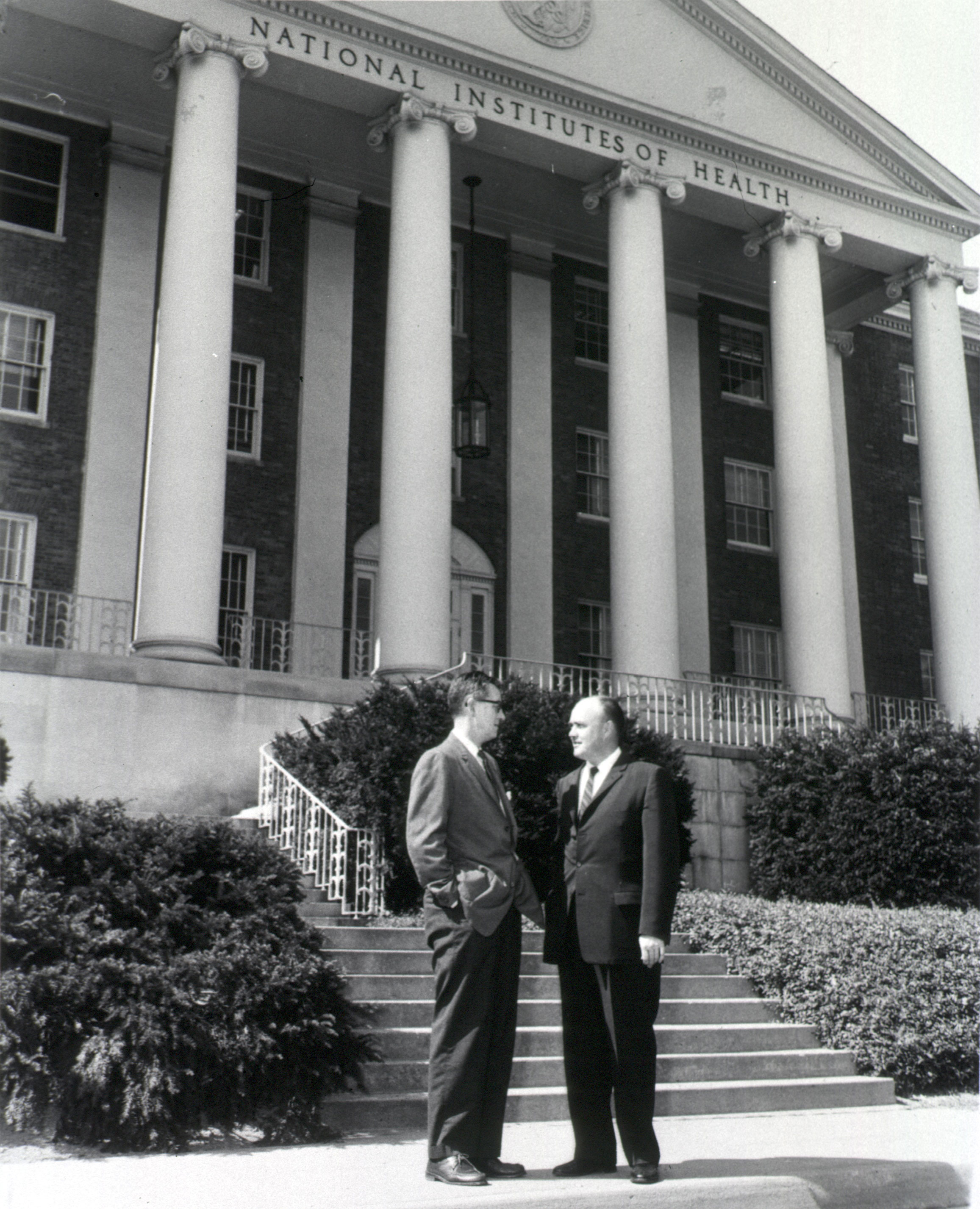 Congressman Melvin Laird (right) with NIH Director James Shannon in front of NIH’s main administration building. Congressman Melvin Laird (right) with NIH Director James Shannon in front of NIH’s main administration building.
