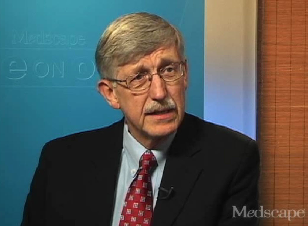 NIH Director Dr. Francis Collins speaks to Dr. John C. Reed Dr. Collins