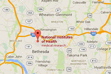 Google map showing the location of the NIH headquarters in Bethesda, MD.