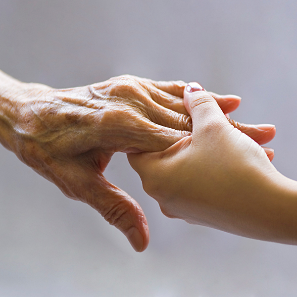 An elderly person's hand holding a young person's hand