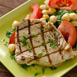 Grilled tuna with chickpea spinach salad.