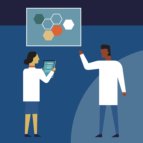Screenshot from the How Research Works infographic showing two scientists evaluating their findings