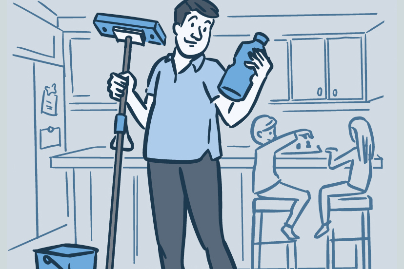 Illustration of a dad holding a mop and reading the label on a bottle of cleaning fluid in a kitchen Illustration of a dad holding a mop and reading the label on a bottle of cleaning fluid in a kitchen