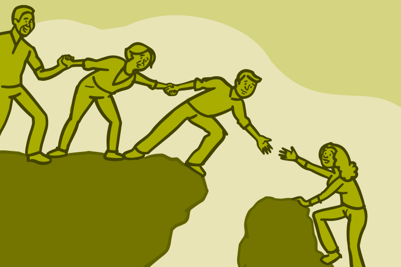 Illustration of a group of people helping a person over a crevice on a mountain Illustration of a group of people helping a person over a crevice on a mountain