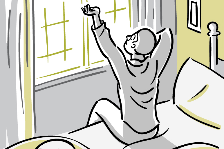 Illustration of a man arising from bed in the morning