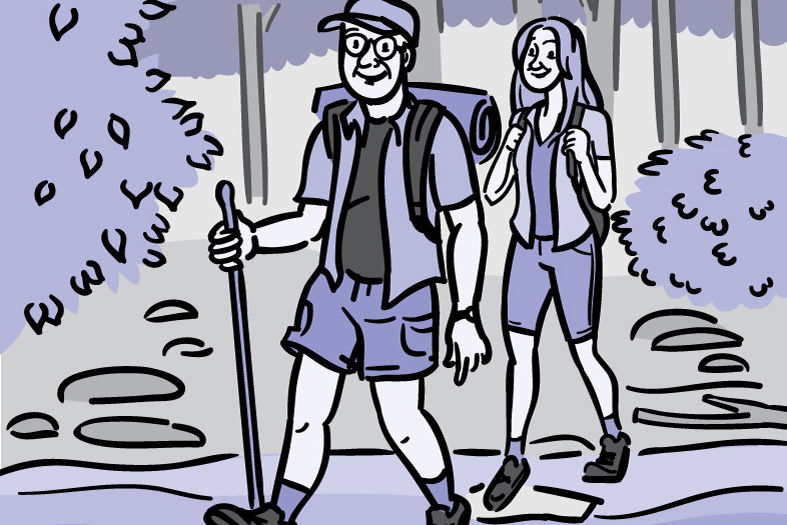 Illustration of an older couple hiking through the woods