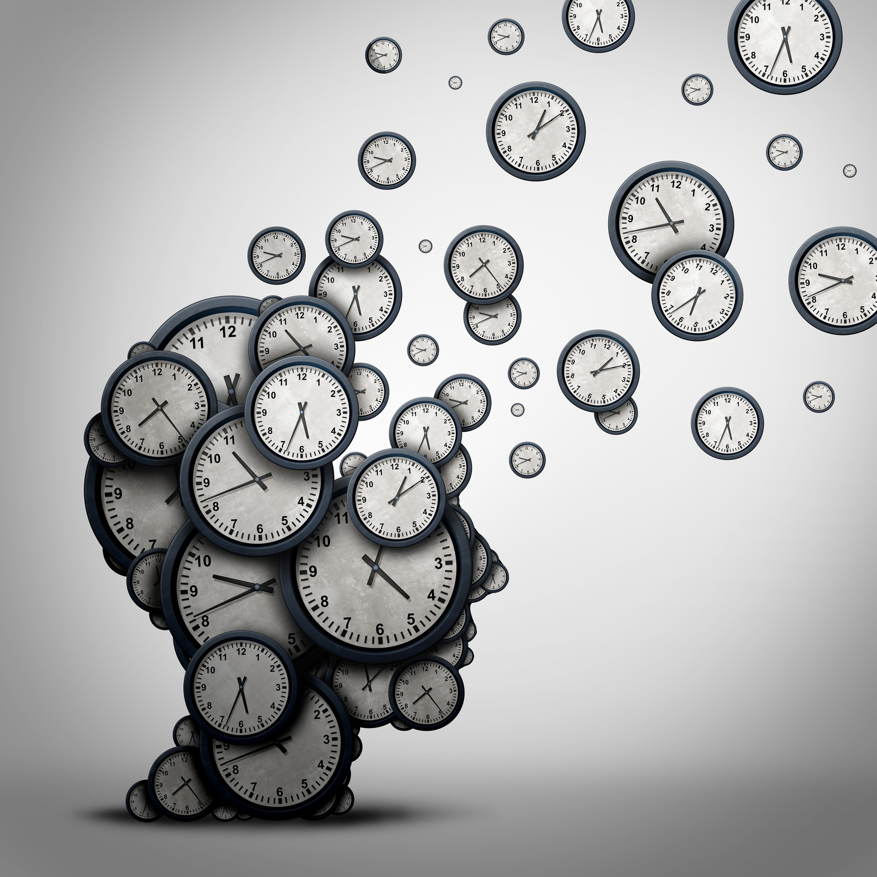 Illustration of time with a human head made of clocks.