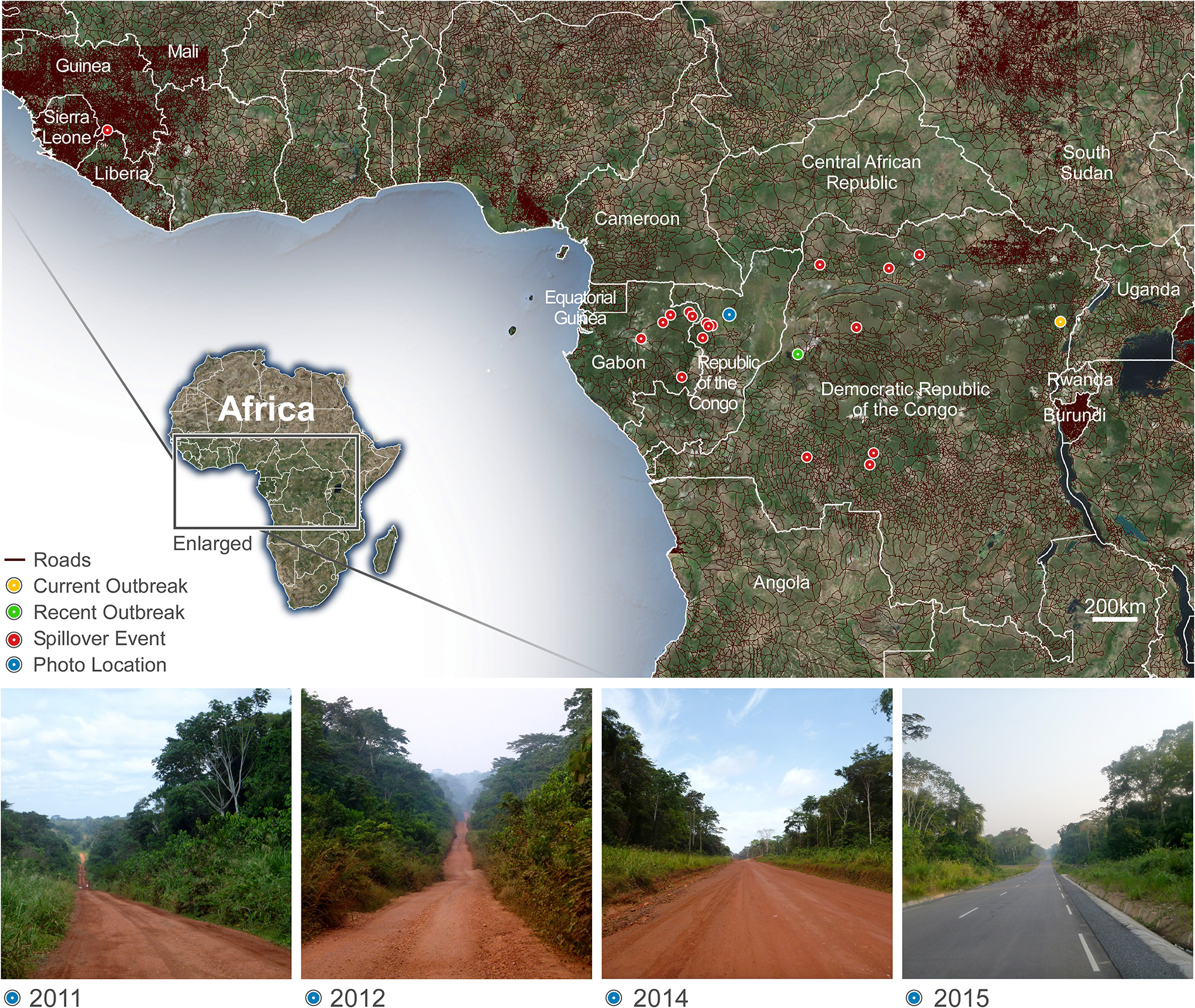 Map illustrating areas of primary human infections of Zaire ebolavirus