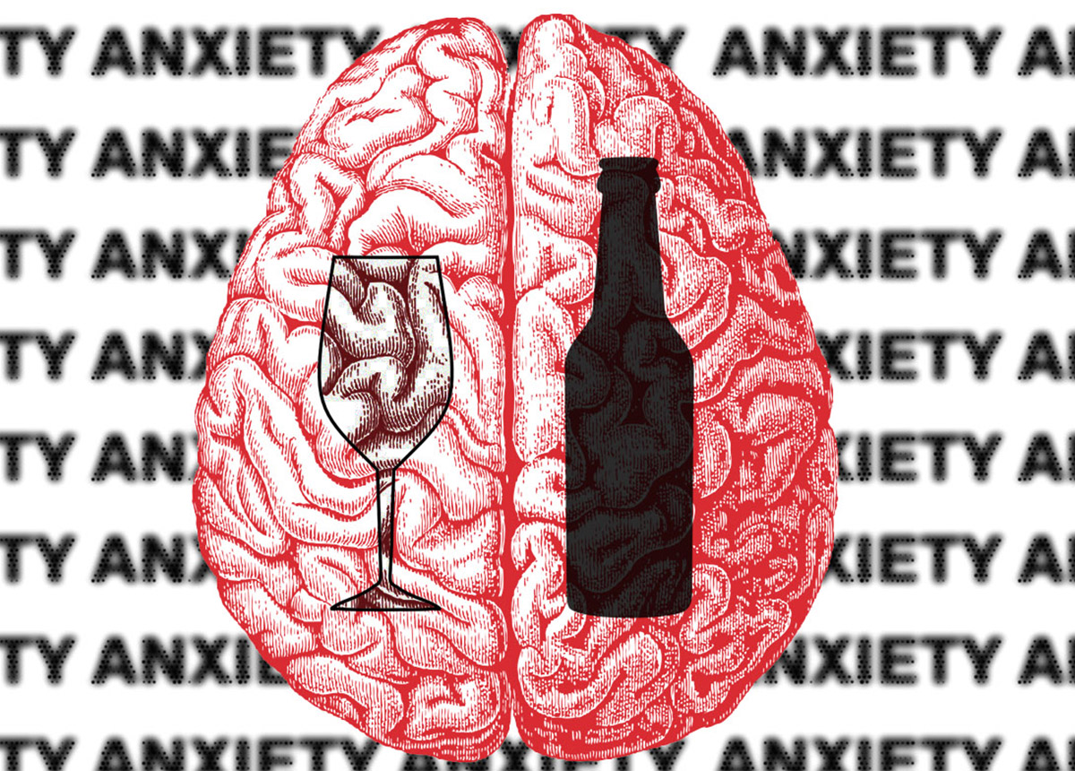 Wine glass and beer bottle over brain graphic