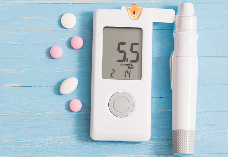 Image of a glucose monitor and pills