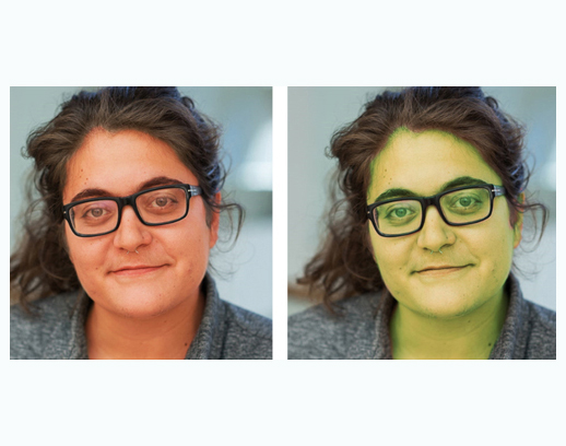 Two versions of the same photo of a woman. On the left, her skin tone is red. On the right, it’s green. 