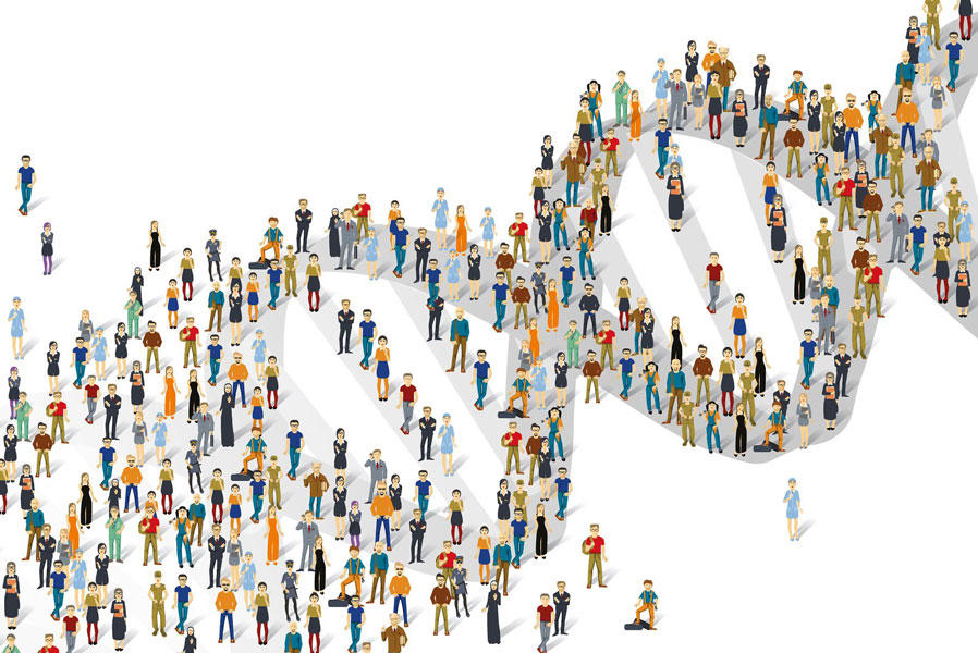 Illustration of people standing on a double helix