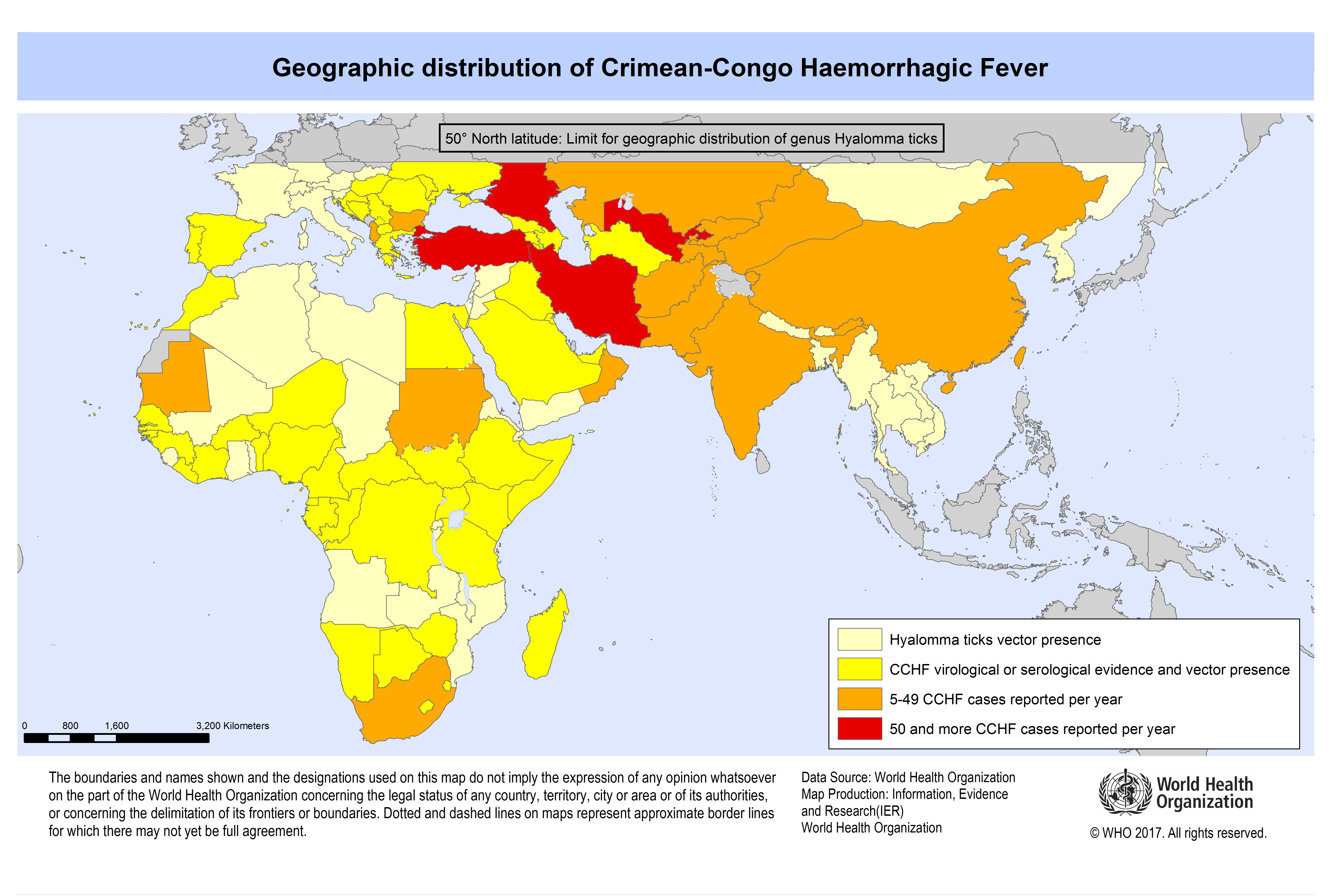 World map showing geographic distribution of Crimean-Congo Haemorrhagic Fever