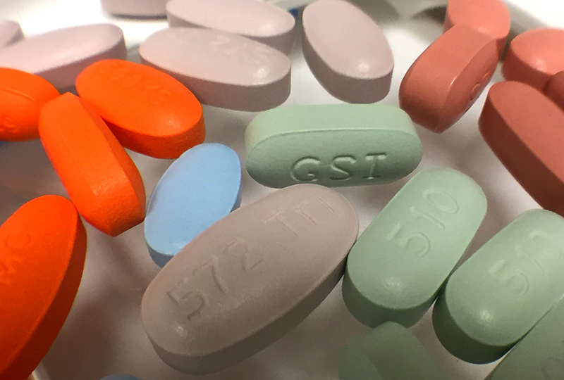 Close-up of a variety of antiretroviral drug tablets 