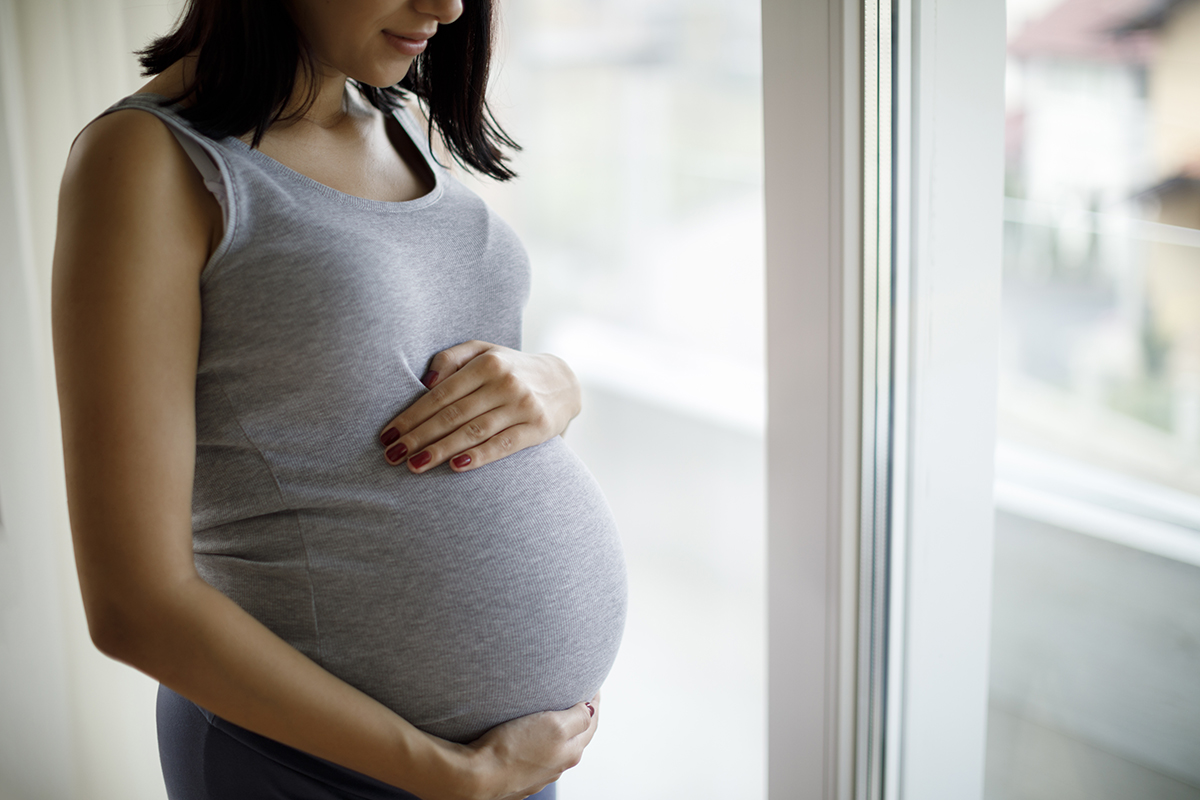 Portrait of young pregnant woman standing by the window