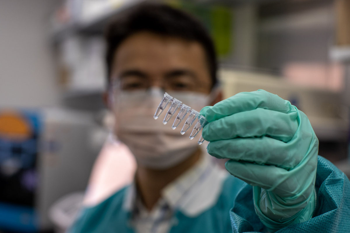 Bin Guan, Ph.D., a fellow at the Ophthalmic Genomics Laboratory at NEI, holding samples prepared with the chelating agent that preserves SARS-CoV-2 RNA for detection by RT-qPCR. 
