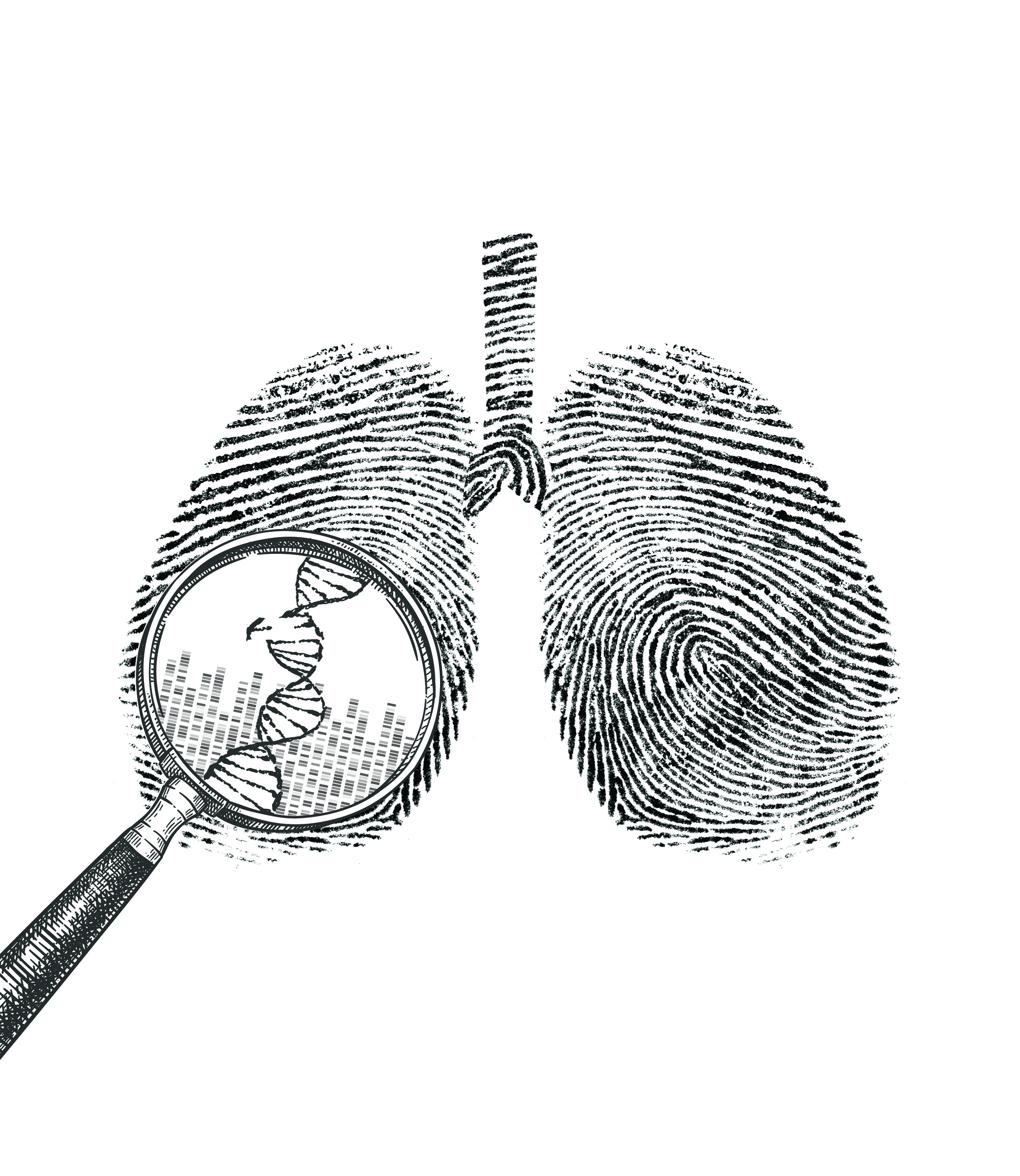 Illustration of lungs made up of DNA sequences. A magnifying glass hovers over a portion of a DNA sequence showing a mutational change.