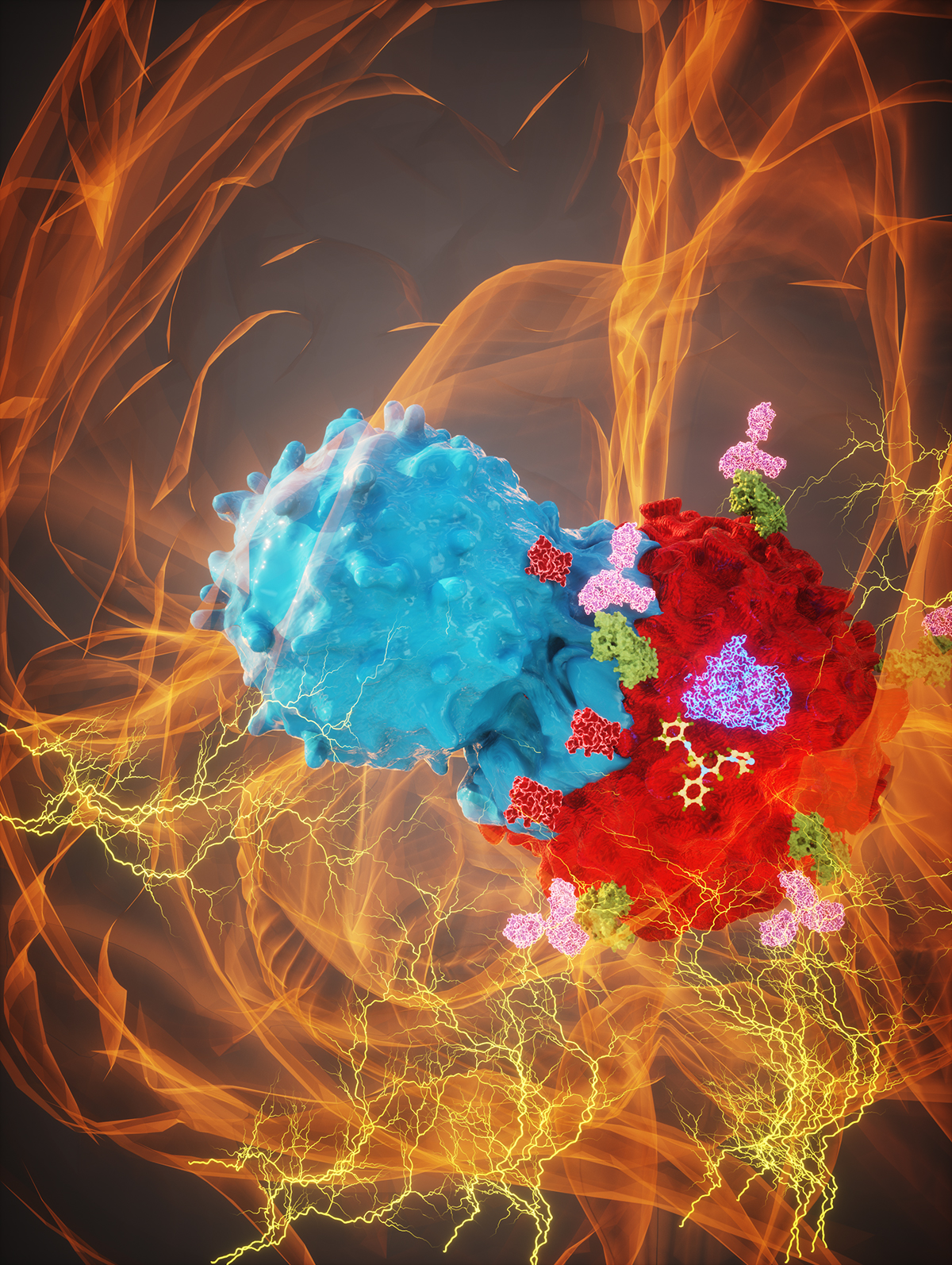 Artist’s rendering of a glioma cell under attack from the immune system.
