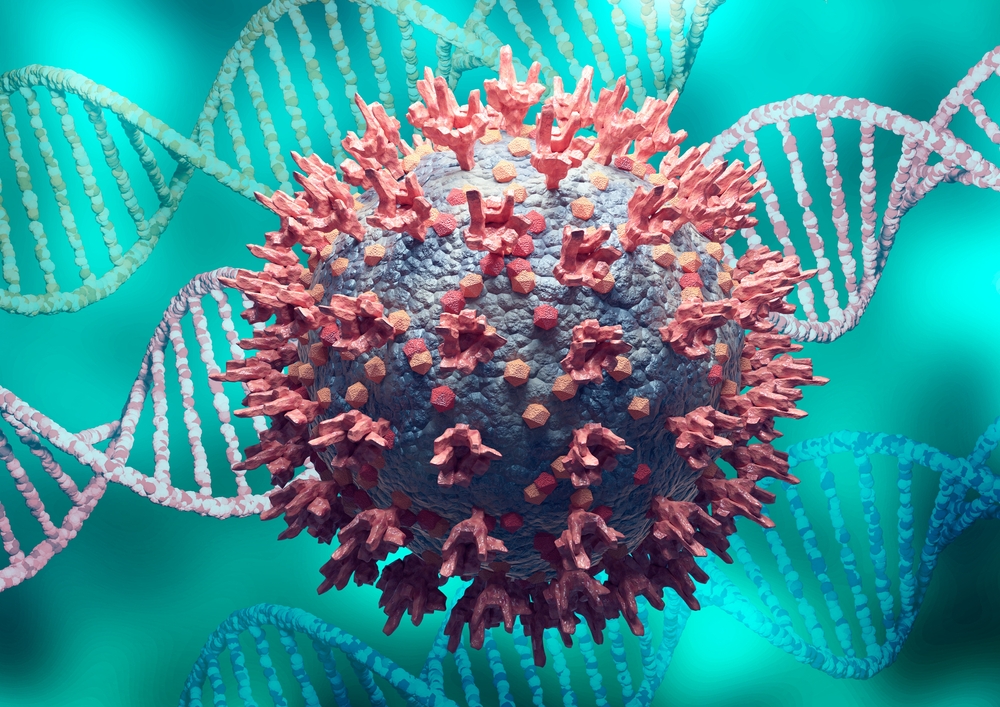 Microscopic view coronavirus omicron variant or B.1.1.529. DNA variation background. 3D rendering