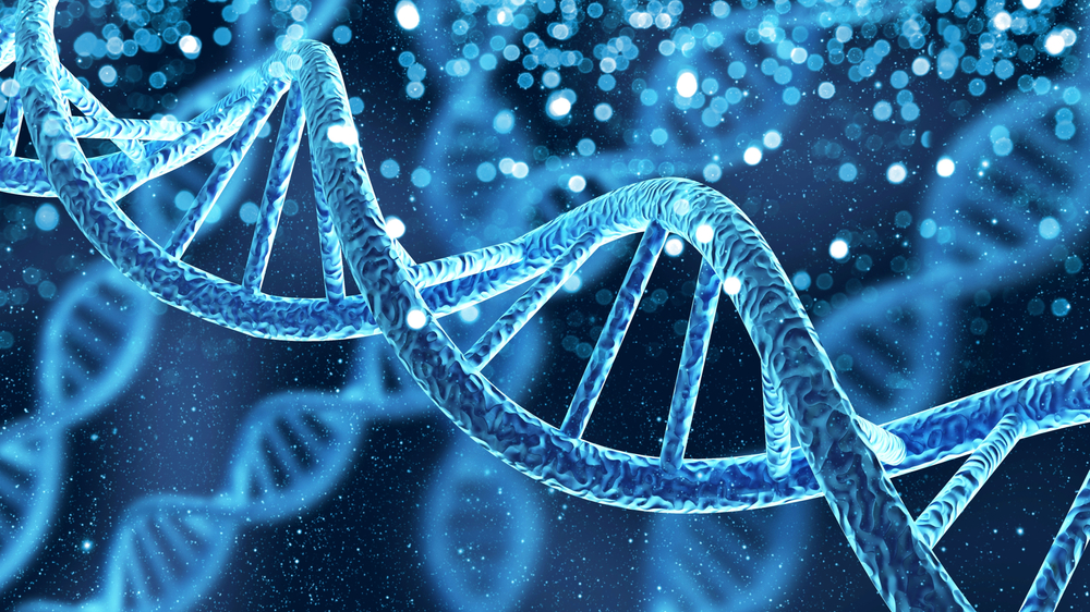 Three red diagonal DNA chains against dark blue background. Concept of science. 3d rendering.