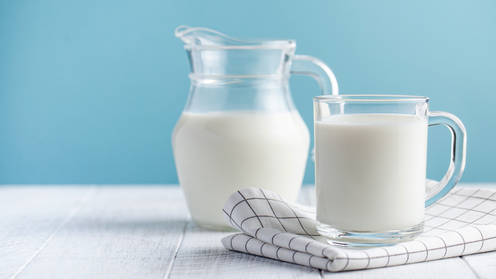 Banner of a glass of milk, a jug of milk on blue background. The concept of farm dairy products, milk day.