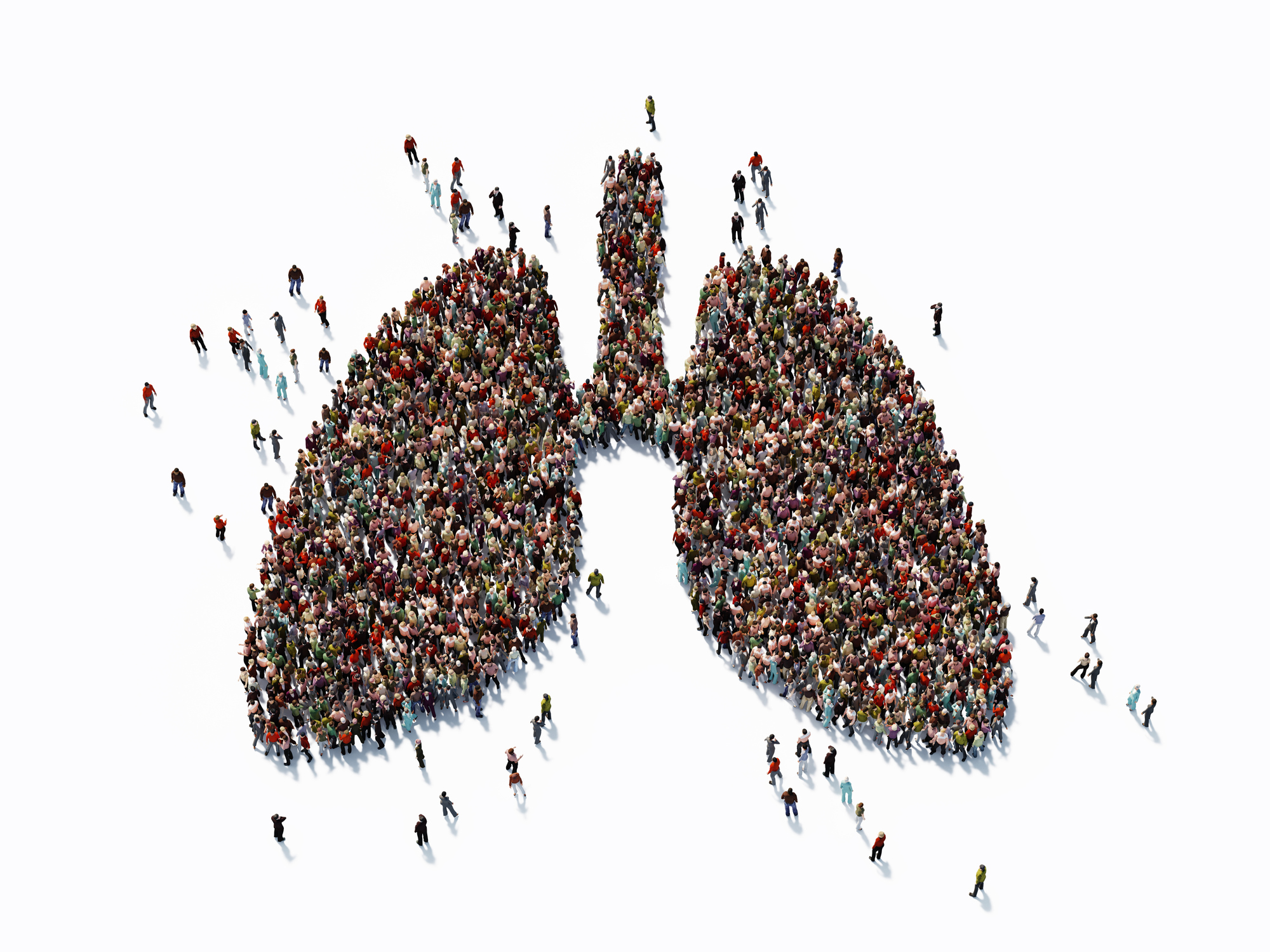 Human crowd forming a big lung symbol on white background. 