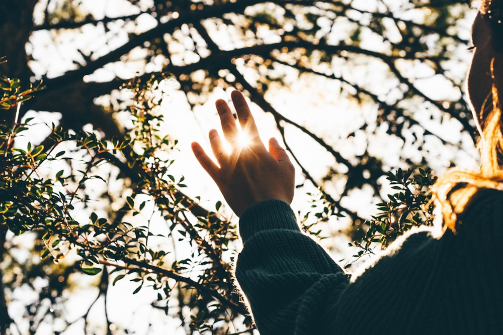 Image of a woman holding her hand toward the sun