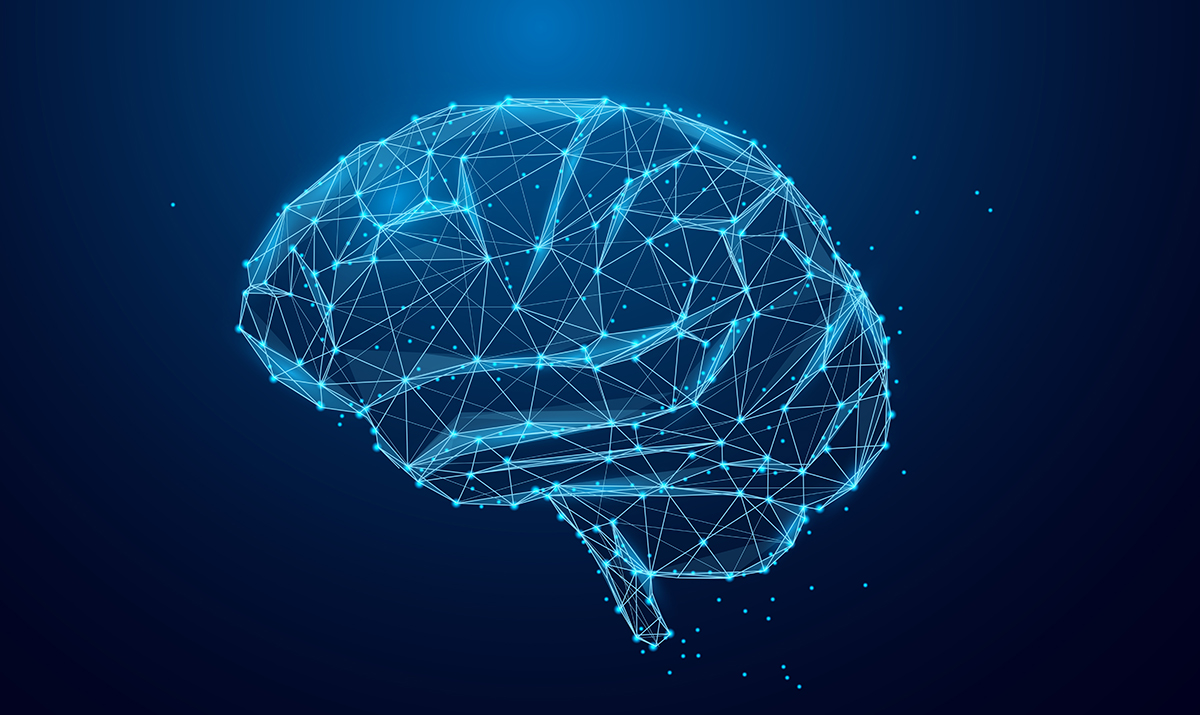 Illustrated white scaffold with nodes in the shape of a brain on a blue background. Illustrated white scaffold with nodes in the shape of a brain on a blue background.