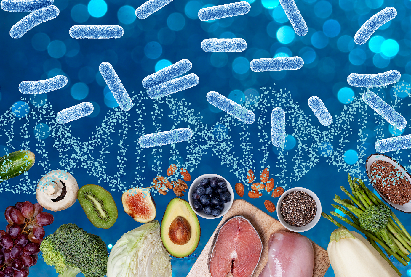 Common foods in foreground, blue background with light blue rod-shaped particles dispersed across the top, and double-helix shape across the middle.