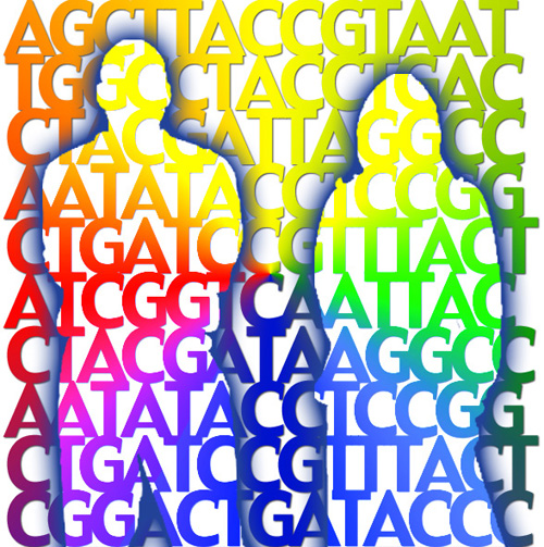 Silhouette of people behind colorful combinations of A,T,C and G Silhouette of people behind colorful combinations of A,T,C and G