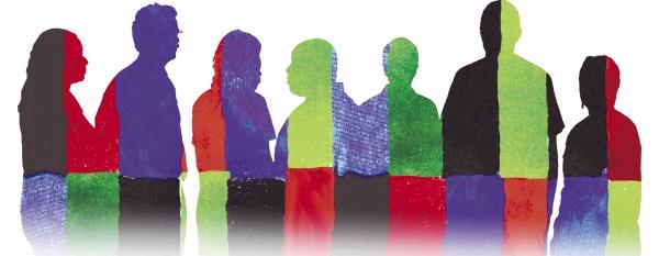 Silhouettes of people in diverse primary colors