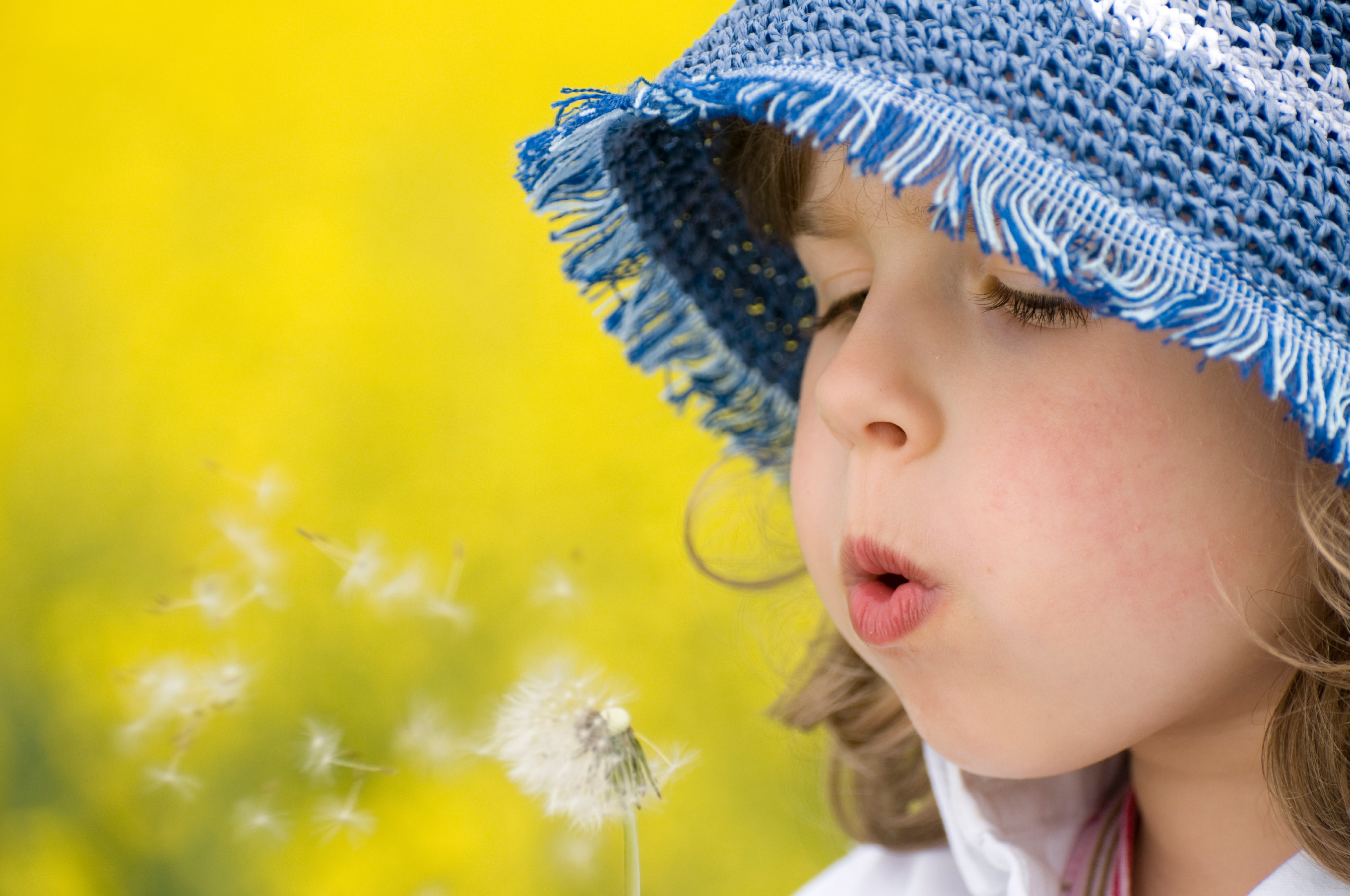 Photo of a girl blowing on a dandelion