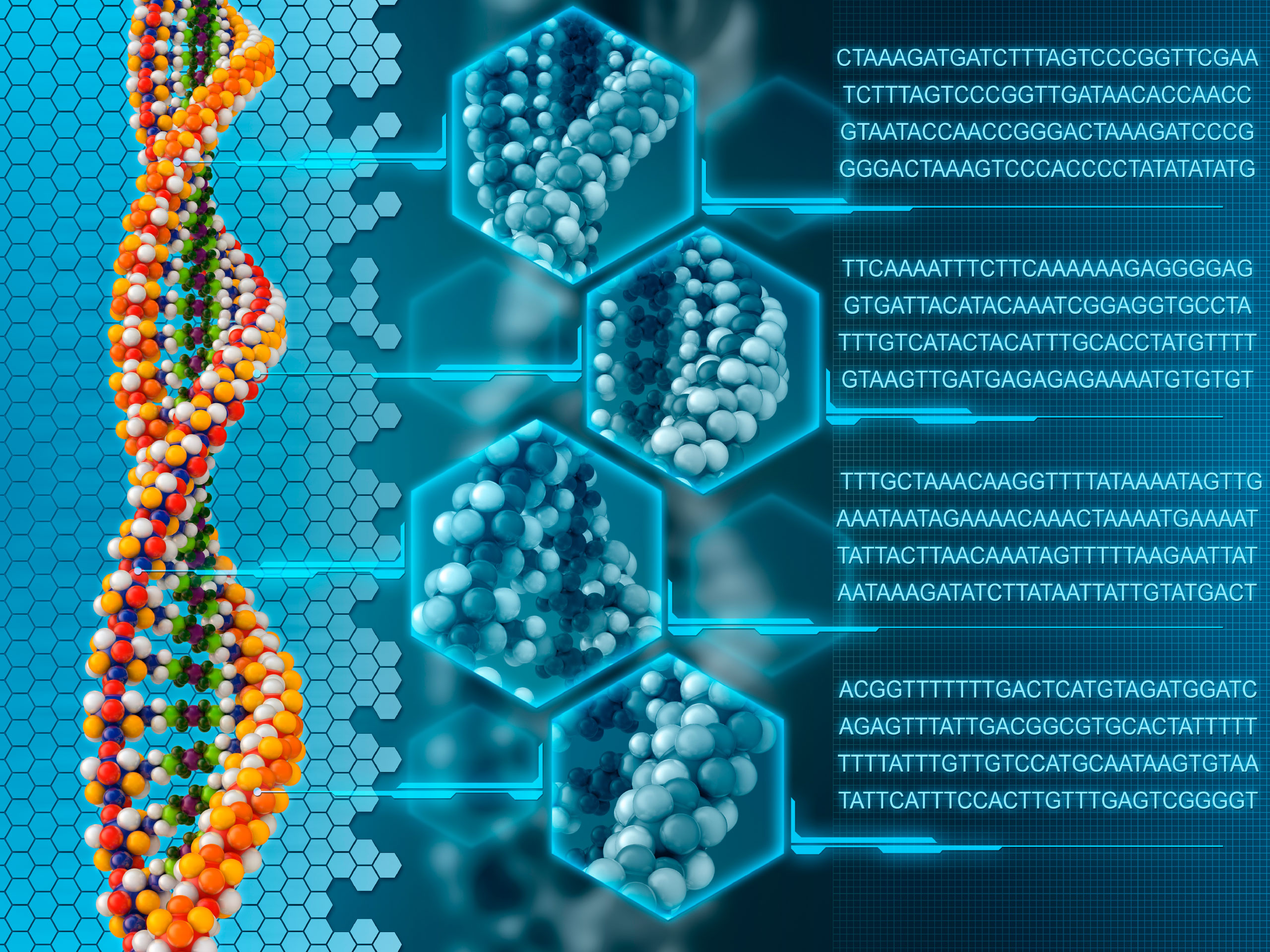 Illustration of a DNA double helix with insets showing close-up views of amino acids within.