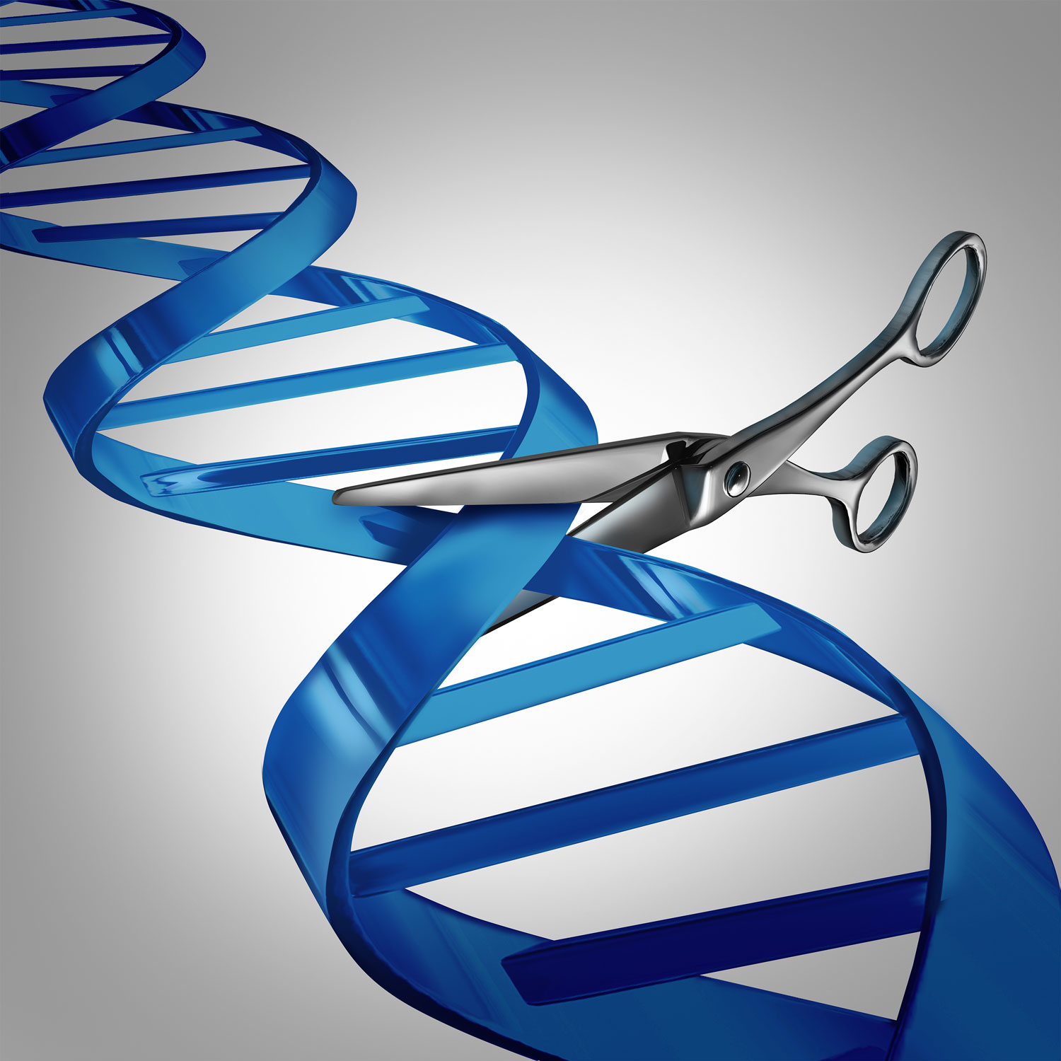 Illustration of scissors cutting DNA.