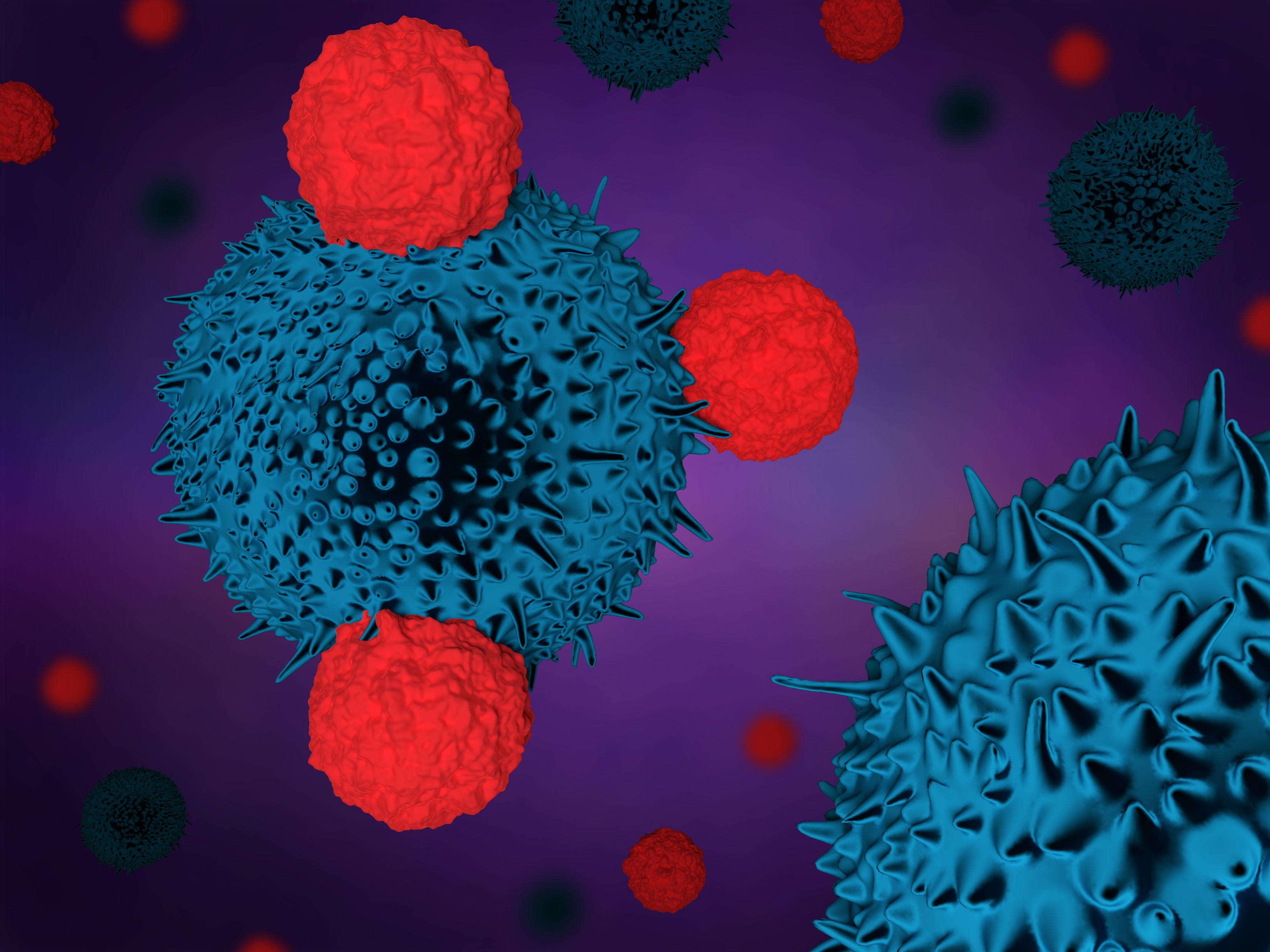 Illustration of T cells attacking cancer cells