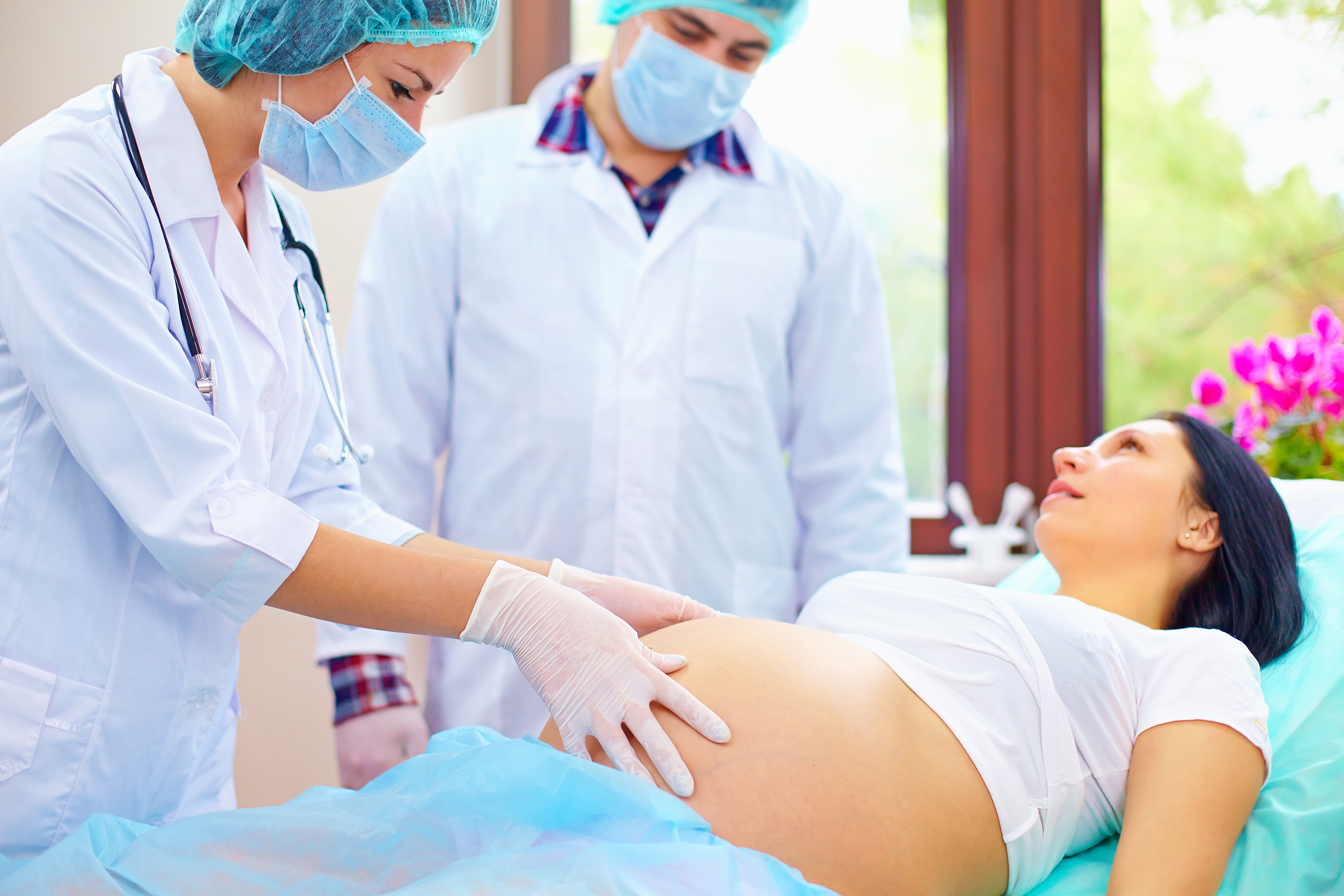 Doctor examines the abdomen of pregnant woman during childbirth