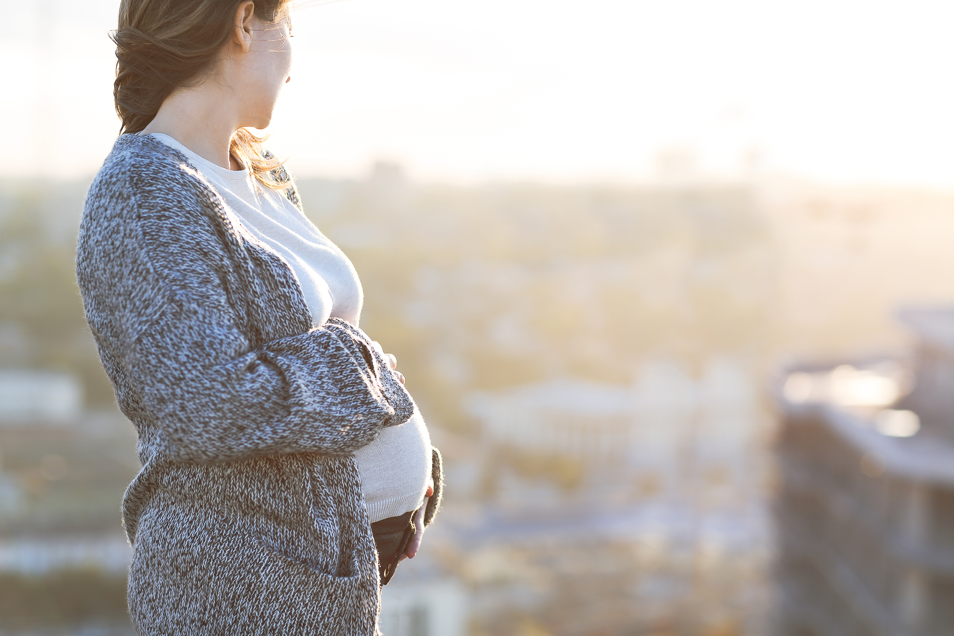 Pregnant woman overlooking a city