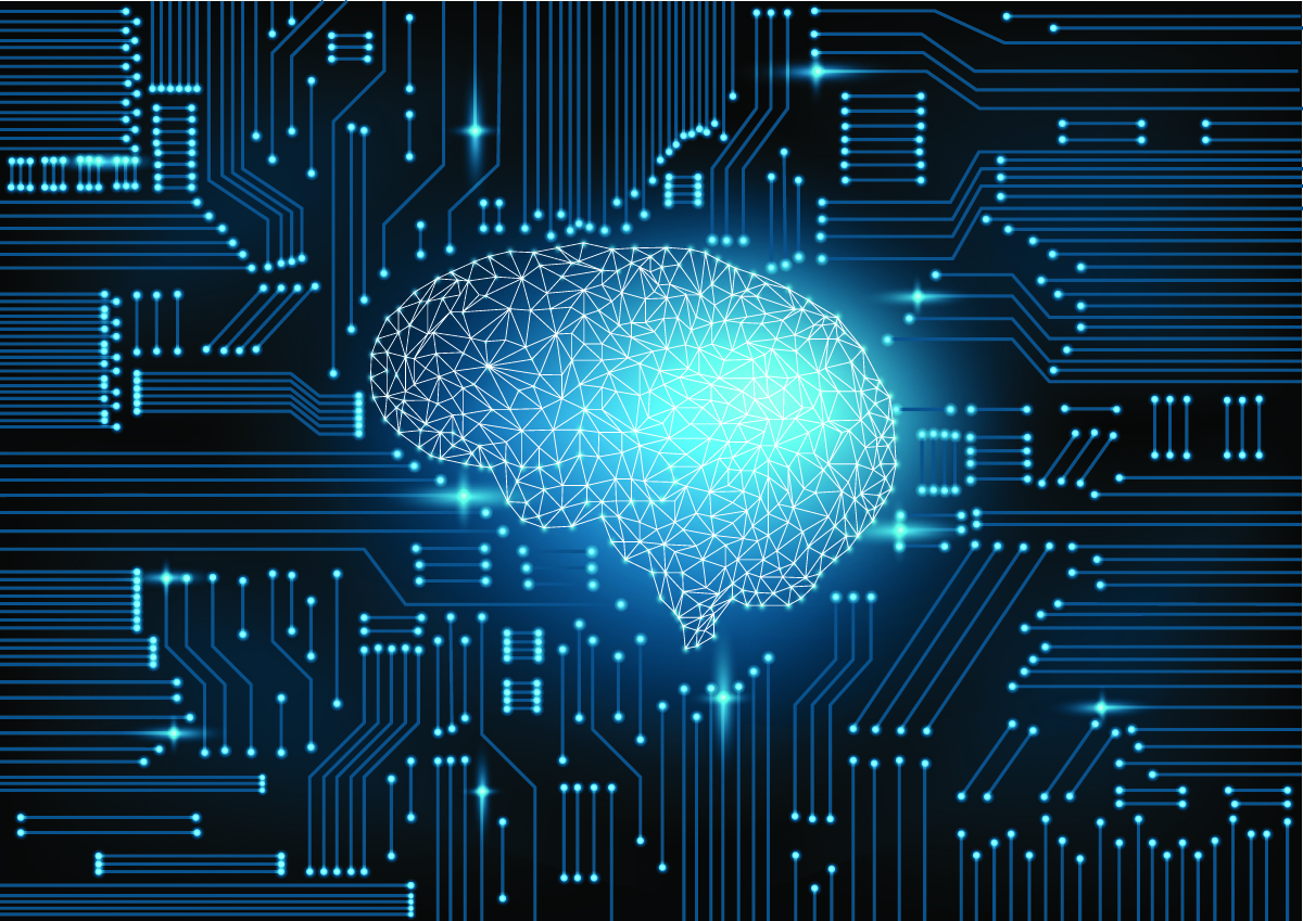 Illustration of a brain on a circuit board, with one area brightened