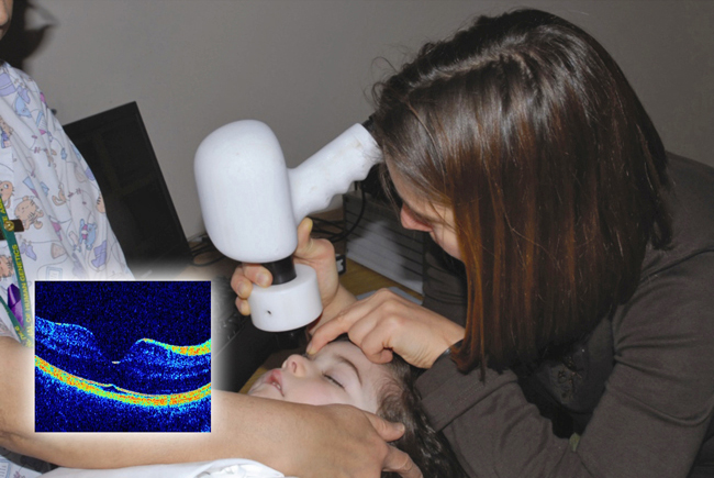 Health care professionals scanning a child’s eye with a hand-held probe, along with a high-resolution image of a child’s healthy retina (inset).