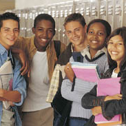 Students in a school hallway.