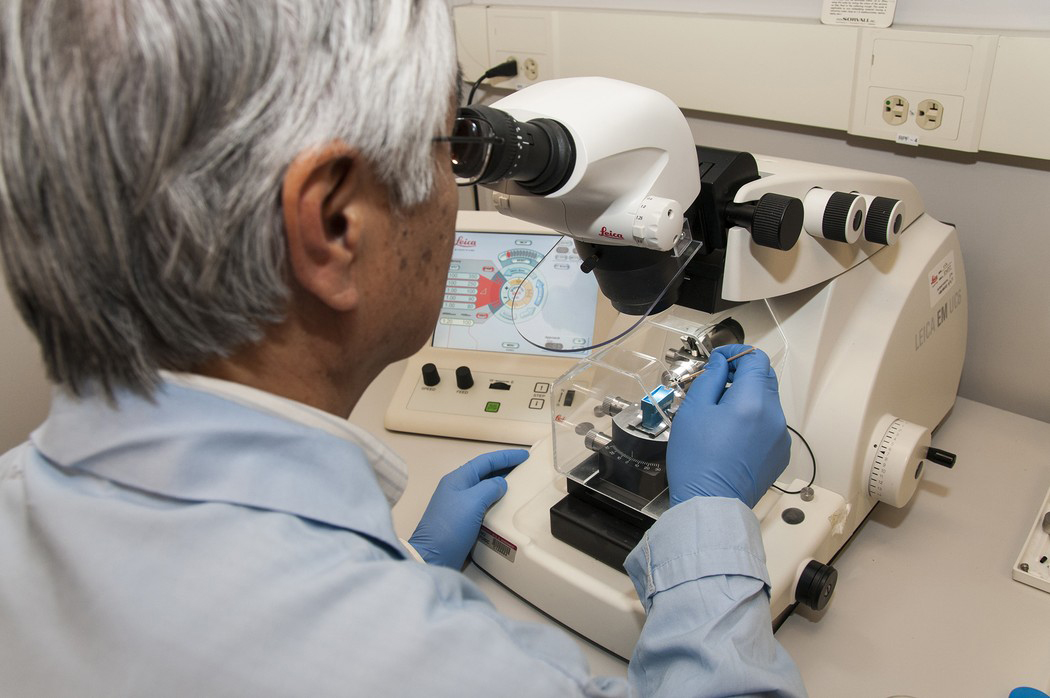 Technician using a microtome.
