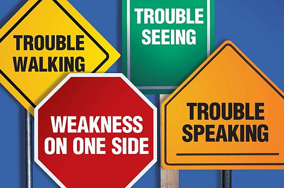 Poster that says “Know the Signs of Stroke” with street signs listing stroke symptoms include trouble walking, seeing and/or speaking, and weakness on one of side of the body. Getting treatment within 60 minutes can prevent disability.