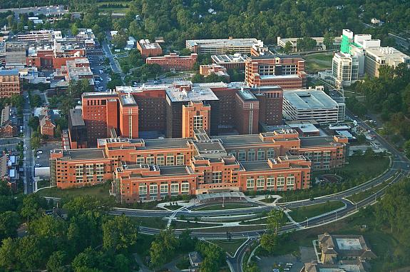 Aerial view of the NIH's Clinical Center, located on the NIH campus in Bethesda