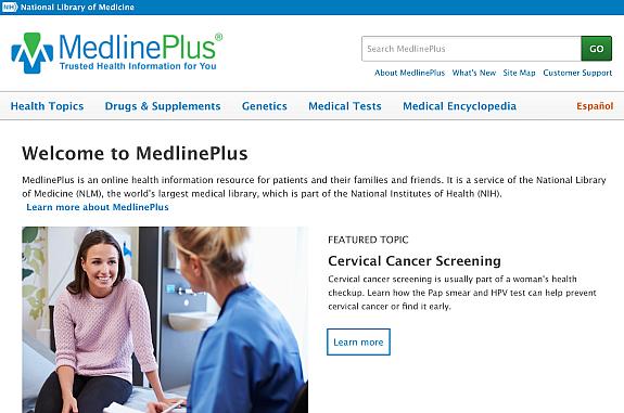 Screenshot of the homepage of MedlinePlus website.