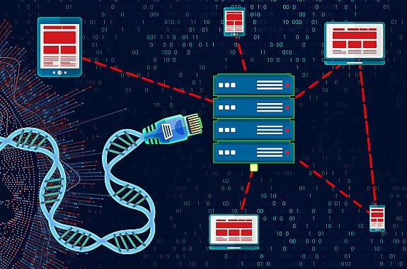 Illustration of DNA double helix plugging into data servers to convey genomic data.
